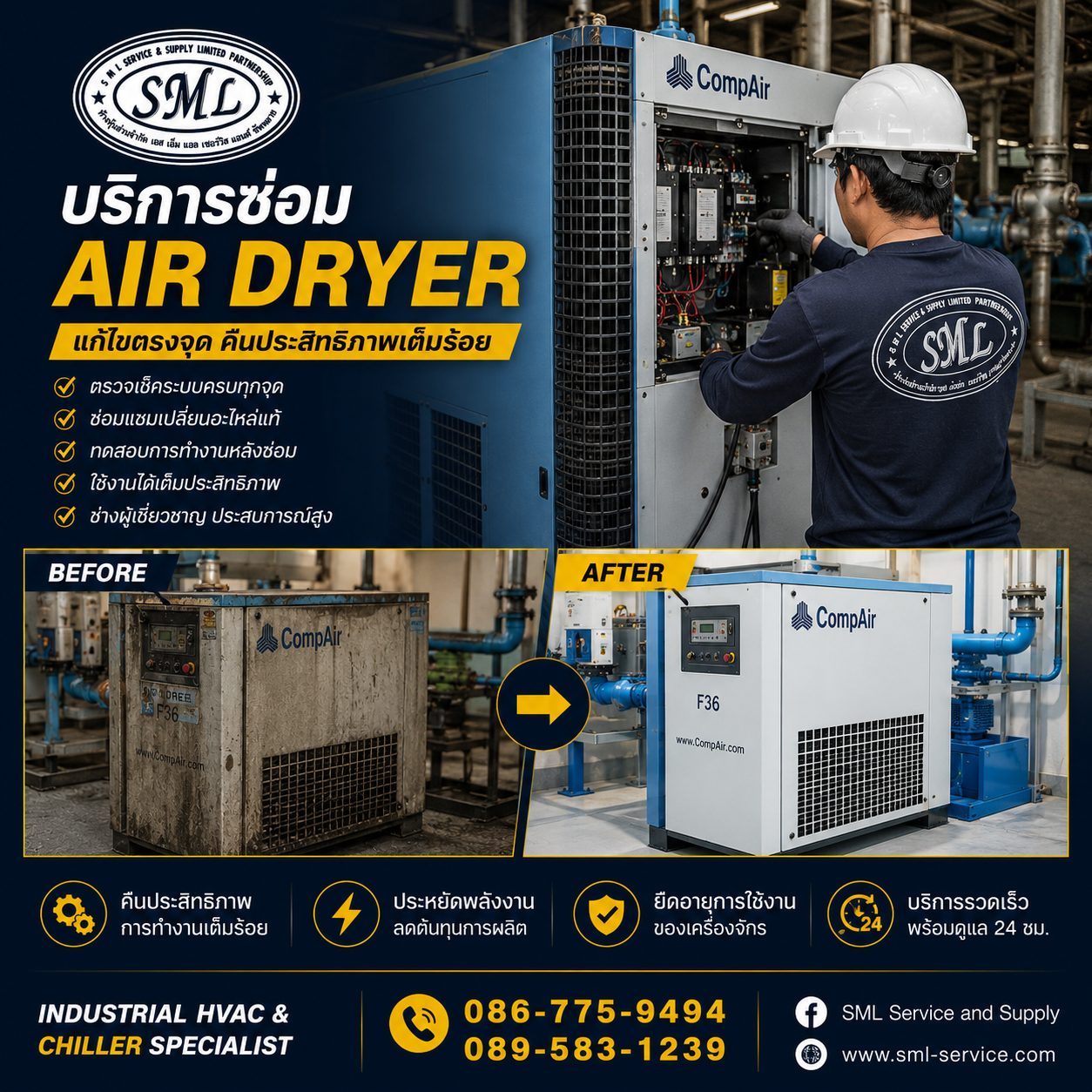 Air Dryer CompAir F36 ก่อนและหลังซ่อมโดยทีมช่าง SML Service ในอยุธยา